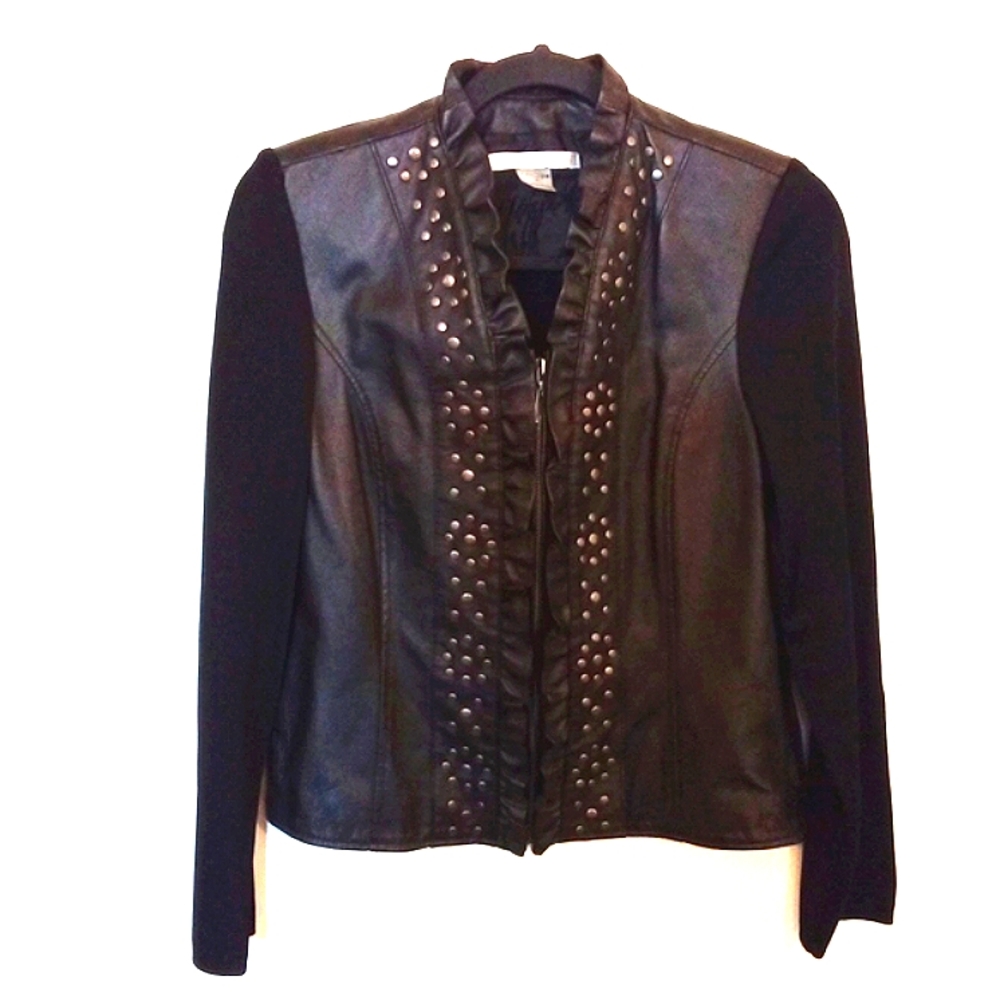 Nygard Women's Black Leather Jacket with Ruffle and Stud Detailing Small